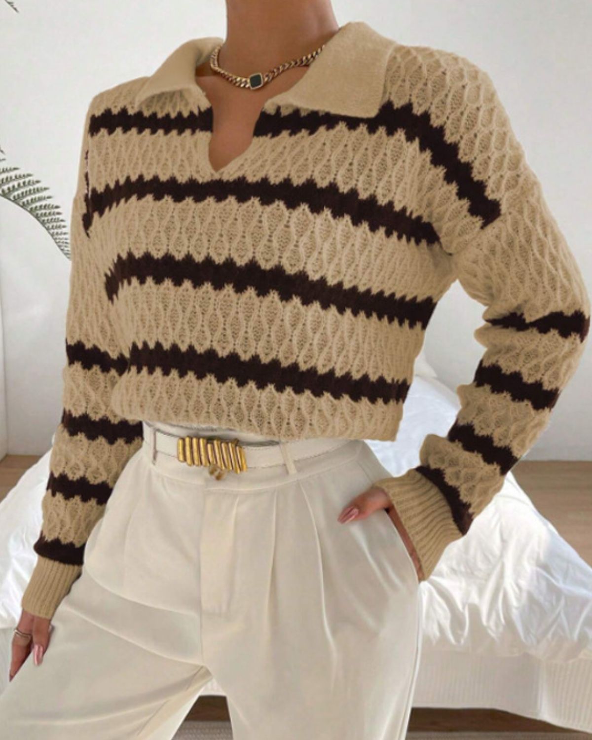 Ellia - V-Neck Brown Jumper For Women